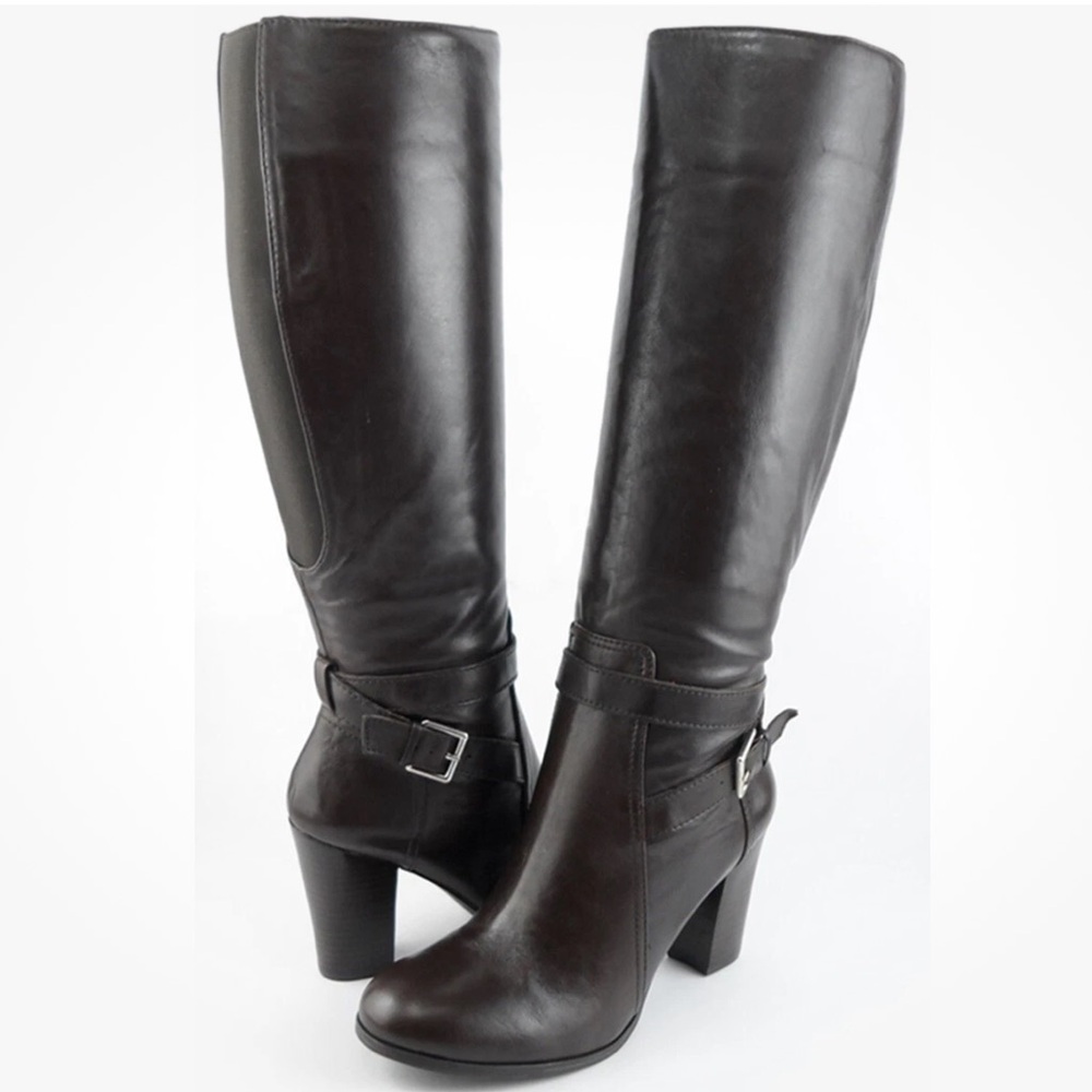 Marc Fisher Kessler Boot Knee High Tall Side Zip Mid-Heel  Leather Buckle 8,5
